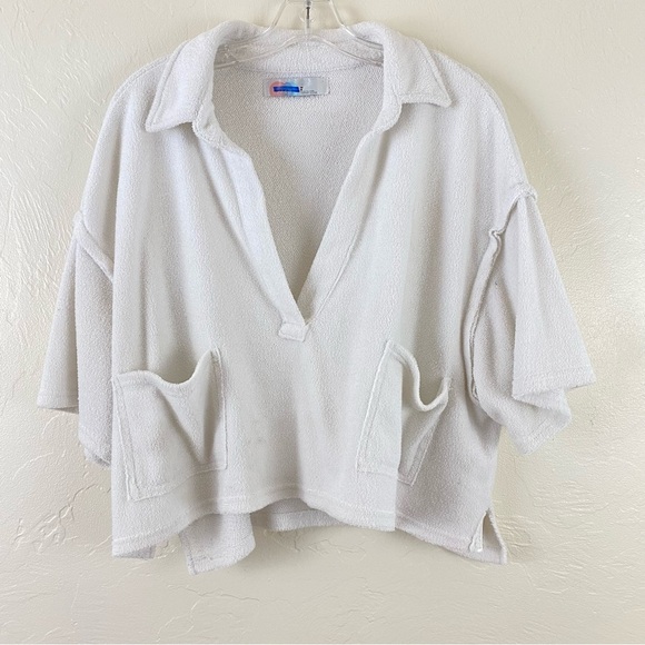 Free People Beach Medium White Collar Short Sleeve Terry Cloth Cotton Knit Top - Picture 1 of 6
